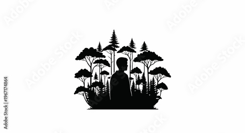 Silhouette of a man stands in a forest of diverse trees