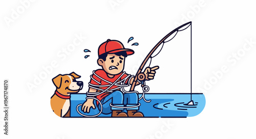 An anxious fisherman tangled in his line with a happy dog