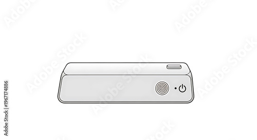 A sleek, modern electronic device with a minimalist design and a prominent power button