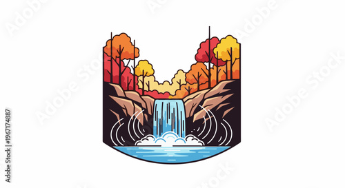 Autumnal waterfall cascades into a serene pool amidst colorful trees