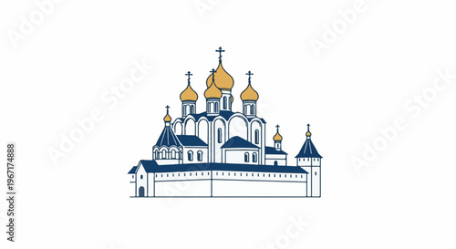 Stylized drawing of an Orthodox monastery with golden domes
