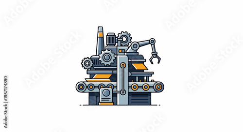 Industrial assembly line machine with robotic arm and conveyor belt