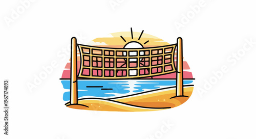 Beach volleyball net at sunset over ocean waves on sand