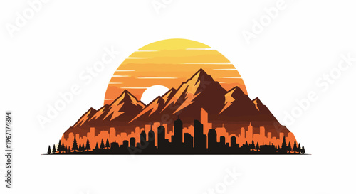 Silhouette of city and mountains against a sunset