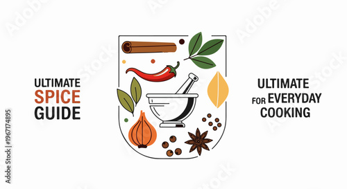 Illustration of spices, mortar, pestle, and chili for cooking guide