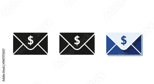 Envelope with dollar sign icons with three icon variations of an envelope displaying