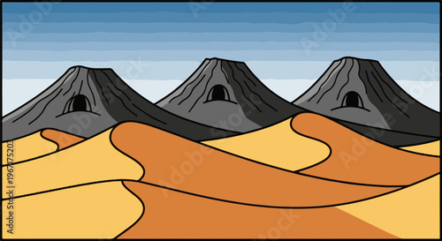 Three conical mountains with cave entrances rise from undulating desert dunes