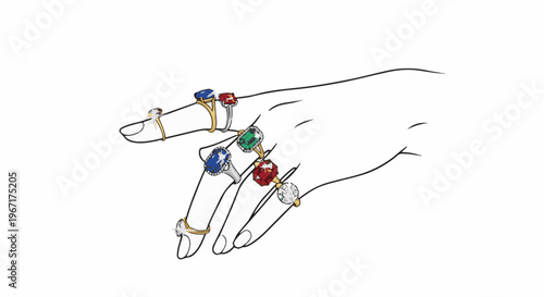 An elegant hand adorned with various colorful gemstone rings