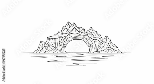 Stylized, black and white illustration of an arched ice cave in jagged icy mountains
