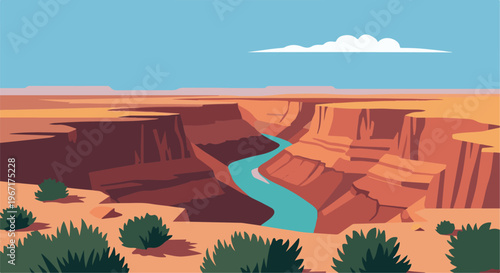 Pixelated desert canyon with a river and a single cloud in the sky