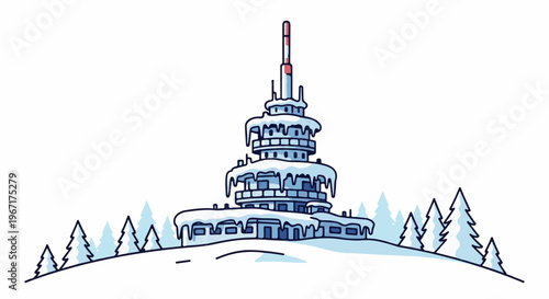 Snowy tower on a hilltop with pine trees