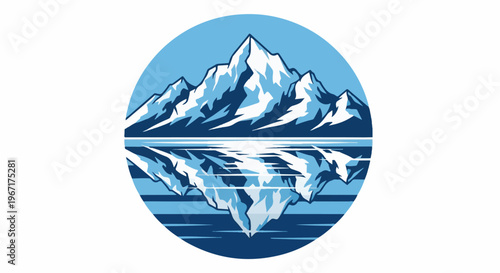 Stylized icy mountain peak reflected in water within a circular frame