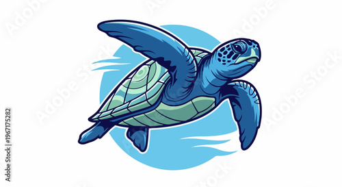 A stylized blue and green sea turtle gracefully swims through stylized blue waves