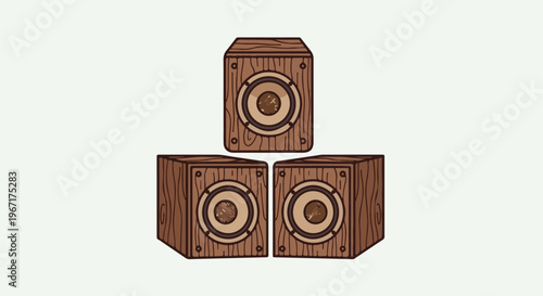 Three retro wooden speakers arranged in a pyramid formation