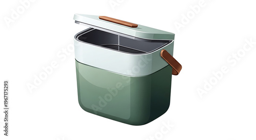 A vector graphic illustration of a modern green and white lunch box with a brown handle