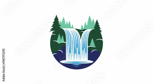 Stylized waterfall cascading amidst evergreen trees in a circular emblem