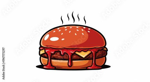 Steaming hot burger with melted cheese and dripping ketchup, illustration