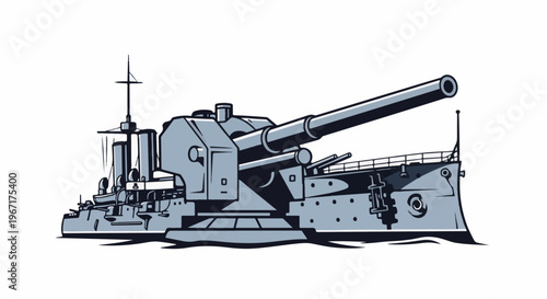 Stylized, gray warship with a large gun on a white background
