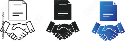 Agreement icons: handshake and document in three styles with three pairs of hands