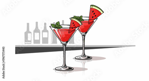 Two refreshing watermelon cocktails sit on a bar with bottles behind them