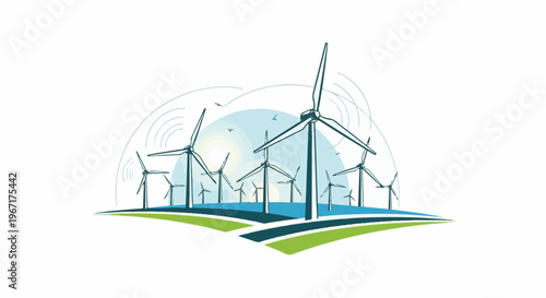 Stylized wind turbines on rolling green hills under a pale blue sky