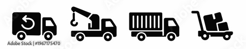 Minimal black warehouse transport icon collection featuring return delivery, crane service, container cargo and forklift handling. Clean symbols for industrial logistics.