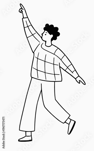 Minimal black and white male character walks with one arm pointing upward. The energetic pose suggests inspiration, success, ambition, motion and upbeat modern lifestyle.