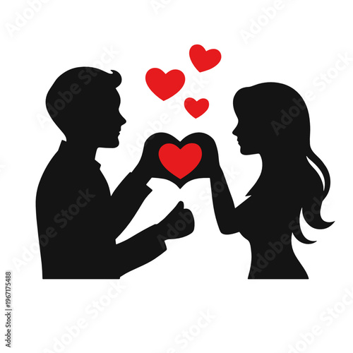 Silhouette of a romantic couple facing each other with floating red hearts above them. Love themed vector illustration fits valentine cards, dating concepts, and relationship designs.