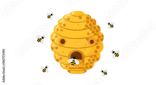 A colorful illustration of a beehive with bees flying around it, symbolizing industry and community.