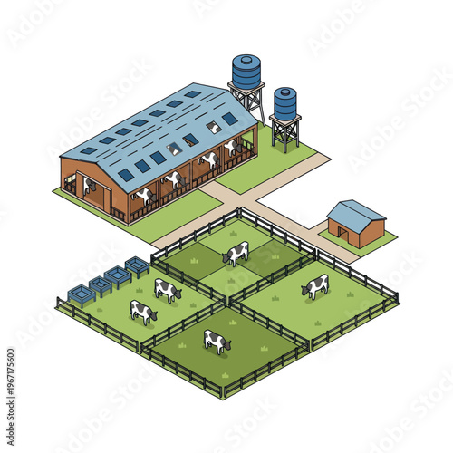 Farm with Cows in Pens and Barn.