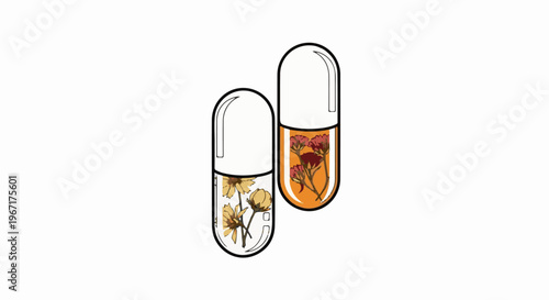 Two capsules filled with dried flowers and herbal elements on white