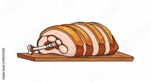 A roasted meat joint with a bone sticking out, sliced and presented on a wooden board