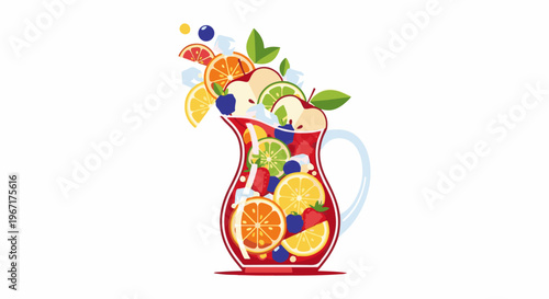 A red pitcher overflowing with fresh fruit slices and berries, with ice