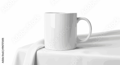 A white ceramic mug rests on a draped white cloth against a white background