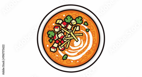 A top-down cartoon view of a bowl of orange soup with toppings and garnishes