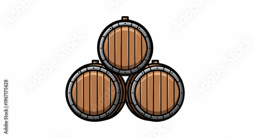 Three wooden barrels stacked in a pyramid formation, isolated on white