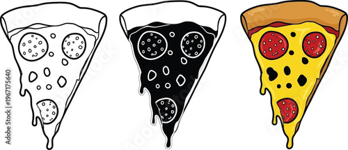 Three slices of pepperoni pizza in different styles with fast food with junk food