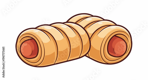 Two golden-brown pastries with a red sausage filling, isolated on white