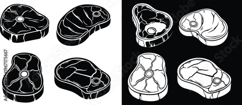 Raw steaks in outline, silhouette, and monochrome styles, shows various cuts of meat