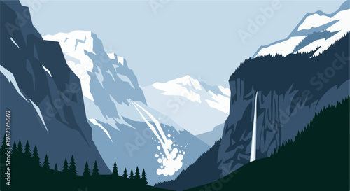 Stylized mountain landscape with snow, waterfall, and avalanche