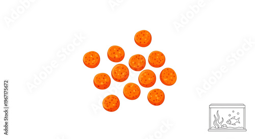 A vector graphic illustration of fish food pellets and an aquarium.