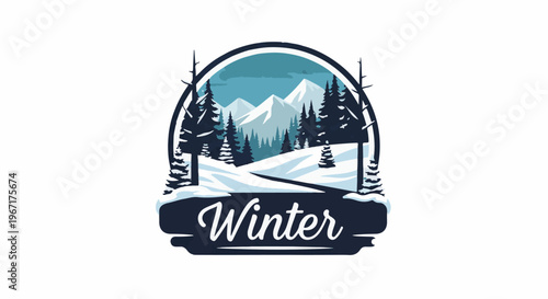 A stylized winter landscape with snow-covered mountains, pine trees, and a scenic path