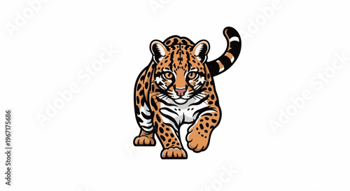 Stylized ocelot walks forward with alert eyes and spotted fur