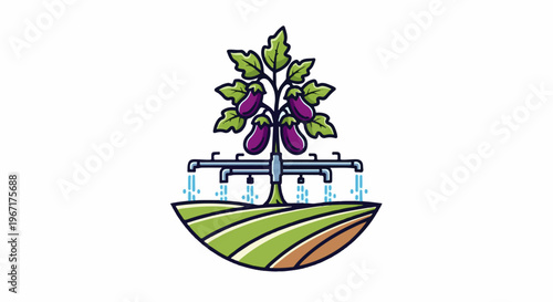 A stylized illustration of eggplant plants being irrigated by a system