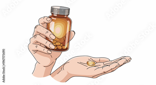 Two hands, one holding a pill bottle, the other a single pill