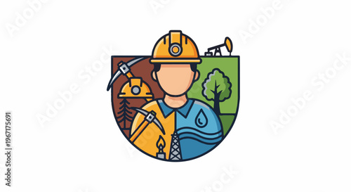 A man wearing a hard hat stands between mining and oil extraction scenes