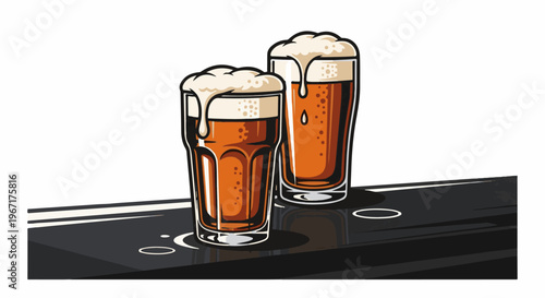 Two glasses of amber liquid topped with overflowing foamy heads