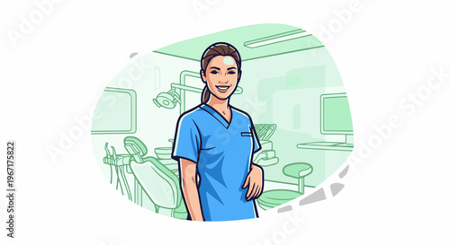 A smiling dental professional stands in a modern clinic with equipment