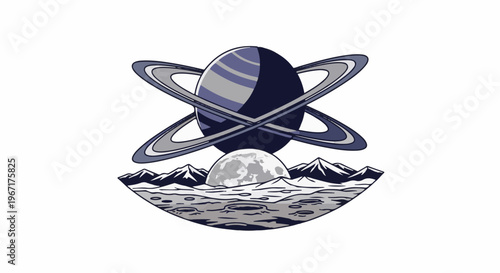 Stylized planet with rings, moon and mountains in a cosmic scene
