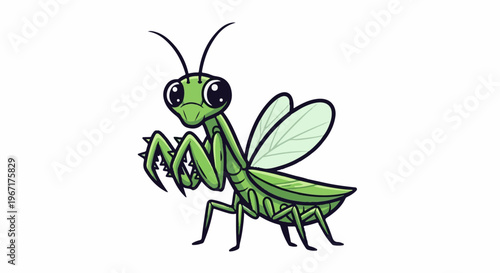 A cute cartoon praying mantis with large eyes and sharp arms on a white background